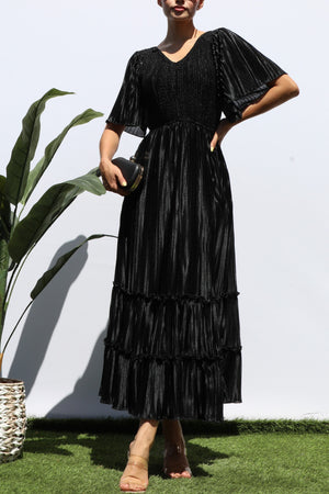 DD7974, SMOCKED TOP RUFFLE HEM MIDI DRESS
