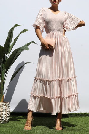 DD7974, SMOCKED TOP RUFFLE HEM MIDI DRESS