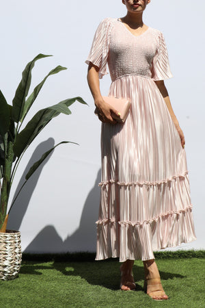 DD7974, SMOCKED TOP RUFFLE HEM MIDI DRESS