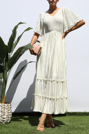 DD7974, SMOCKED TOP RUFFLE HEM MIDI DRESS