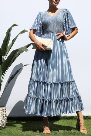 DD7974, SMOCKED TOP RUFFLE HEM MIDI DRESS