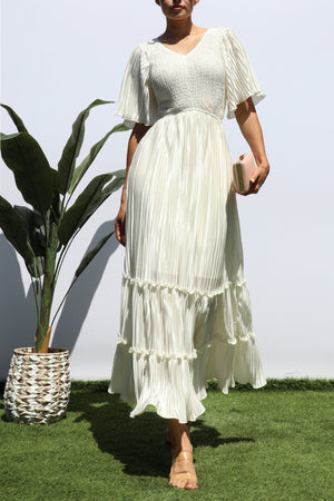 DD7974, SMOCKED TOP RUFFLE HEM MIDI DRESS