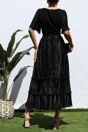 DD7974, SMOCKED TOP RUFFLE HEM MIDI DRESS