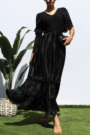 DD7974, SMOCKED TOP RUFFLE HEM MIDI DRESS