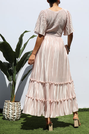 DD7974, SMOCKED TOP RUFFLE HEM MIDI DRESS