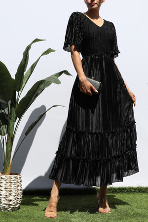 DD7974, SMOCKED TOP RUFFLE HEM MIDI DRESS