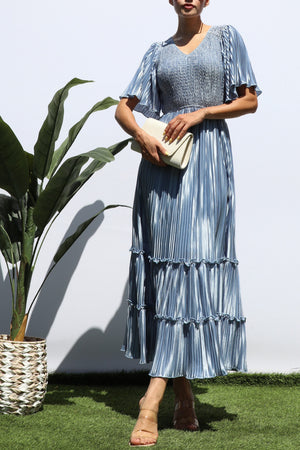 DD7974, SMOCKED TOP RUFFLE HEM MIDI DRESS