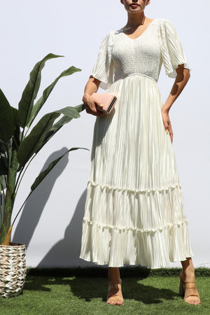 DD7974, SMOCKED TOP RUFFLE HEM MIDI DRESS