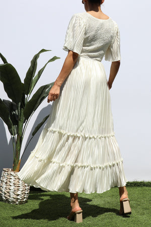 DD7974, SMOCKED TOP RUFFLE HEM MIDI DRESS