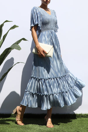 DD7974, SMOCKED TOP RUFFLE HEM MIDI DRESS