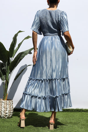 DD7974, SMOCKED TOP RUFFLE HEM MIDI DRESS