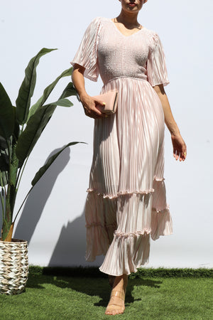 DD7974, SMOCKED TOP RUFFLE HEM MIDI DRESS