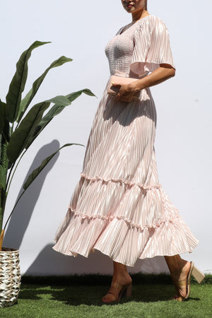DD7974, SMOCKED TOP RUFFLE HEM MIDI DRESS