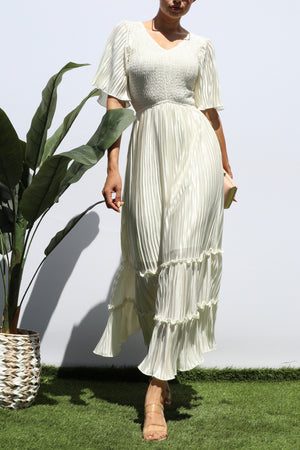 DD7974, SMOCKED TOP RUFFLE HEM MIDI DRESS