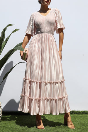 DD7974, SMOCKED TOP RUFFLE HEM MIDI DRESS