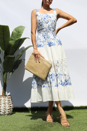 DD8249, FLORAL EYELET COMBO MIDI DRESS