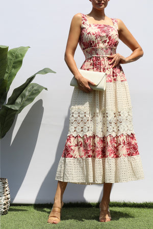 DD8249, FLORAL EYELET COMBO MIDI DRESS
