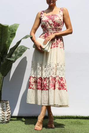 DD8249, FLORAL EYELET COMBO MIDI DRESS