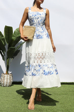 DD8249, FLORAL EYELET COMBO MIDI DRESS
