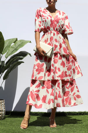 DD8276, FLORAL LOOSE FIT RUFFLE TIERED MIDI DRESSES
