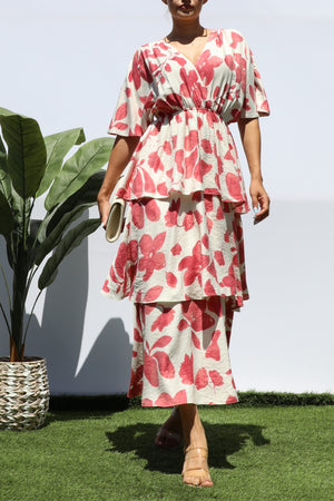 DD8276, FLORAL LOOSE FIT RUFFLE TIERED MIDI DRESSES