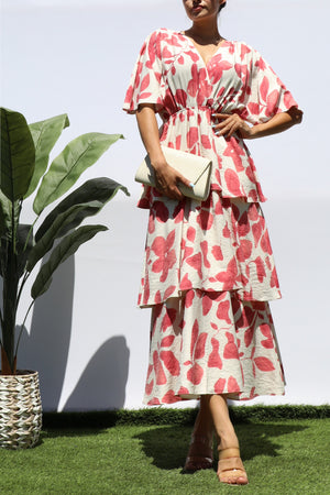 DD8276, FLORAL LOOSE FIT RUFFLE TIERED MIDI DRESSES