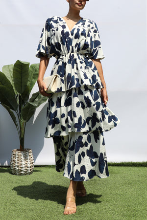 DD8276, FLORAL LOOSE FIT RUFFLE TIERED MIDI DRESSES