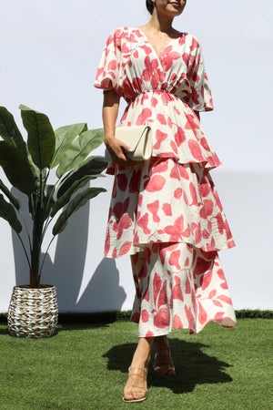 DD8276, FLORAL LOOSE FIT RUFFLE TIERED MIDI DRESSES