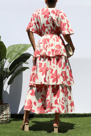 DD8276, FLORAL LOOSE FIT RUFFLE TIERED MIDI DRESSES