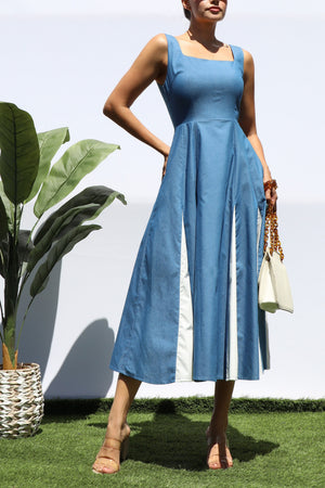 DD8248, SQUARE NECK DENIM MIDI DRESS