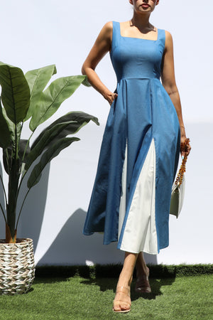 DD8248, SQUARE NECK DENIM MIDI DRESS