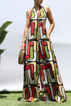 DD8319, PRINTED HALTER NECK JUMPSUIT