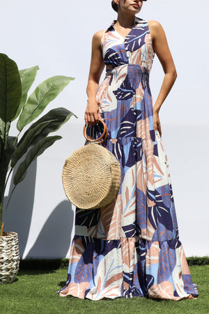 DD8298, PRINTED SMOCKED TOP MAXI DRESS