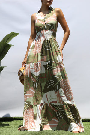 DD8298, PRINTED SMOCKED TOP MAXI DRESS