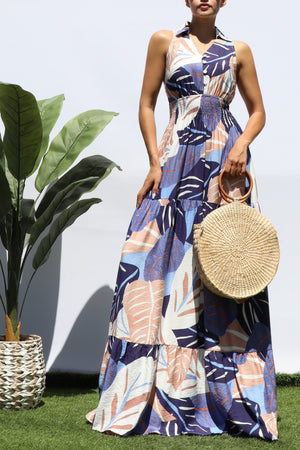 DD8298, PRINTED SMOCKED TOP MAXI DRESS