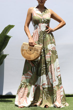 DD8298, PRINTED SMOCKED TOP MAXI DRESS