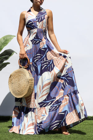 DD8298, PRINTED SMOCKED TOP MAXI DRESS