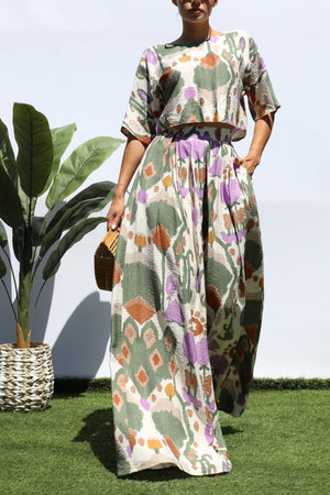 DD8297, PRINTED LOOSE FIT TOP AND FLARE-LEG PANTS SET