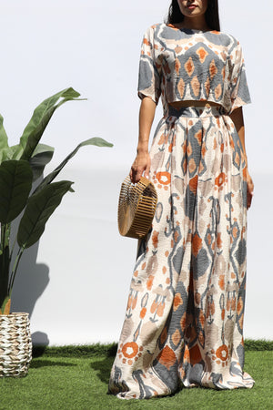 DD8297, PRINTED LOOSE FIT TOP AND FLARE-LEG PANTS SET