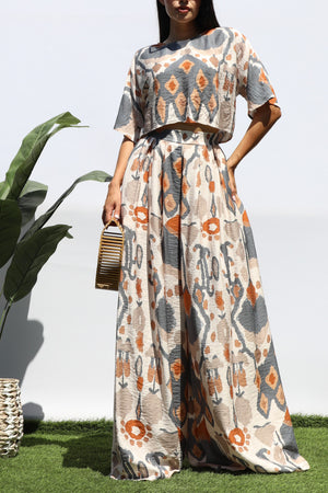 DD8297, PRINTED LOOSE FIT TOP AND FLARE-LEG PANTS SET