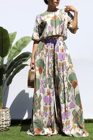 DD8297, PRINTED LOOSE FIT TOP AND FLARE-LEG PANTS SET