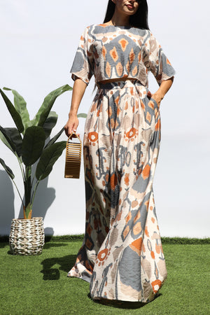 DD8297, PRINTED LOOSE FIT TOP AND FLARE-LEG PANTS SET