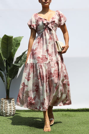 DD8325, PRINTED FRT TIE TIERED MIDI DRESS
