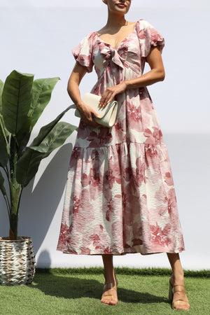 DD8325, PRINTED FRT TIE TIERED MIDI DRESS
