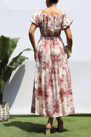DD8325, PRINTED FRT TIE TIERED MIDI DRESS