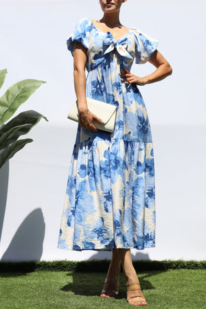 DD8325, PRINTED FRT TIE TIERED MIDI DRESS