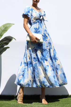 DD8325, PRINTED FRT TIE TIERED MIDI DRESS