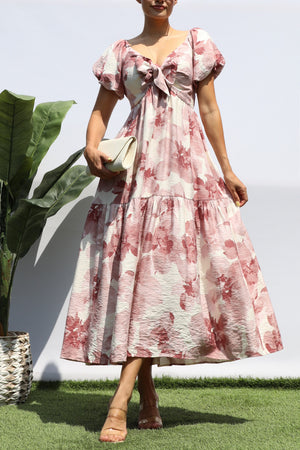 DD8325, PRINTED FRT TIE TIERED MIDI DRESS