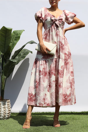 DD8325, PRINTED FRT TIE TIERED MIDI DRESS