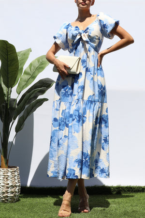 DD8325, PRINTED FRT TIE TIERED MIDI DRESS